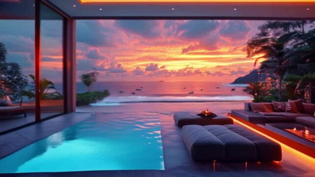 A lavish modern home featuring a second story, blue neon lighting, a view of the sea, contemporary black and blue furnishings, and a setting sun that illuminates the water