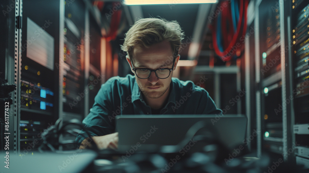 Poster man working on a laptop surrounded by colorful bokeh lights in a server room.