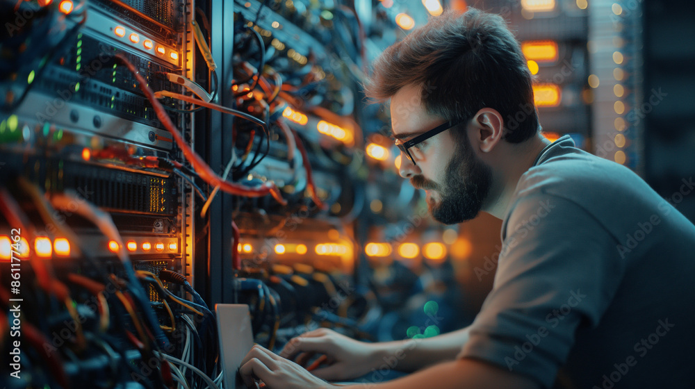 Poster man working on a laptop surrounded by colorful bokeh lights in a server room.