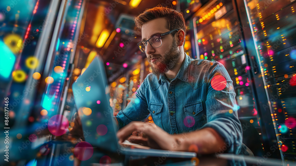 Poster man working on a laptop surrounded by colorful bokeh lights in a server room.