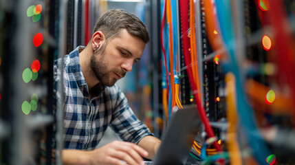 Man working on a laptop surrounded by colorful bokeh lights in a server room.