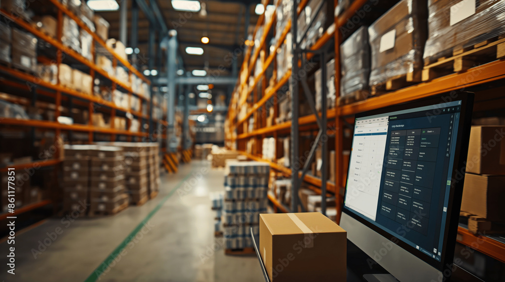 Poster warehouse interior with shelves filled with boxes and a computer in the foreground.