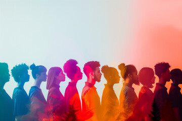 Side profile silhouettes of diverse people in colorful gradient light representing unity and diversity