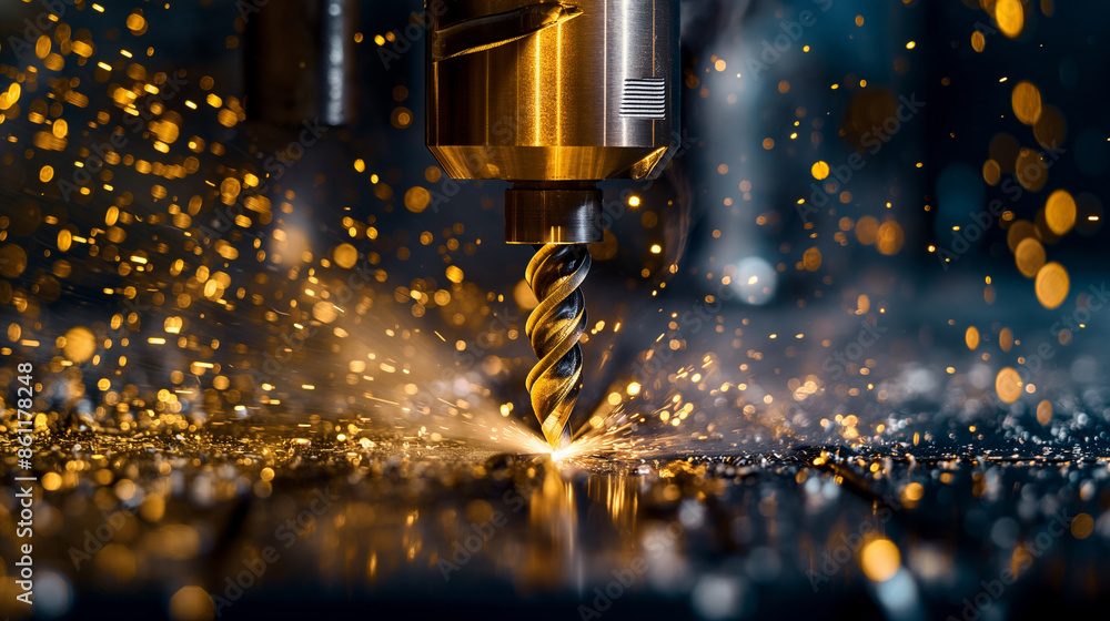 Poster close-up of a cnc drilling machine in action with sparks flying.