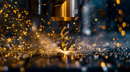 Close-up of a CNC drilling machine in action with sparks flying.