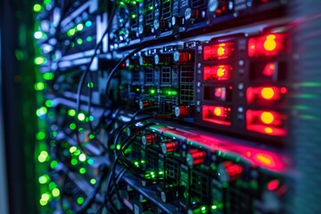 Obraz premium A striking image featuring a row of network servers illuminated with vibrant LED lights, showcasing vivid colors and advanced technology