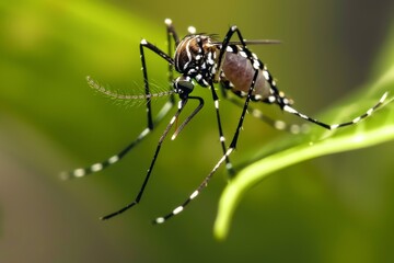 Fototapeta premium Close-Up of a Striped Mosquito on a Green Leaf
