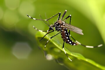 Fototapeta premium Close-up of a Black and White Mosquito on a Green Leaf