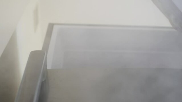 White Steam and Cold Air Getting Out from Freezer After Opening the Door. Opening the Fridge Door in a Store.