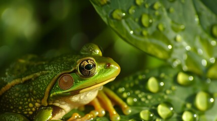 Fototapeta premium a frog sitting on a leaf with water droplets on it's surface and a green background with leaves..