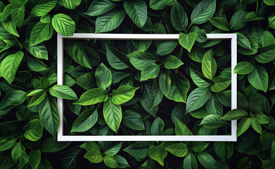 A white frame surrounded by lush green leaves, creating a natural and vibrant composition.