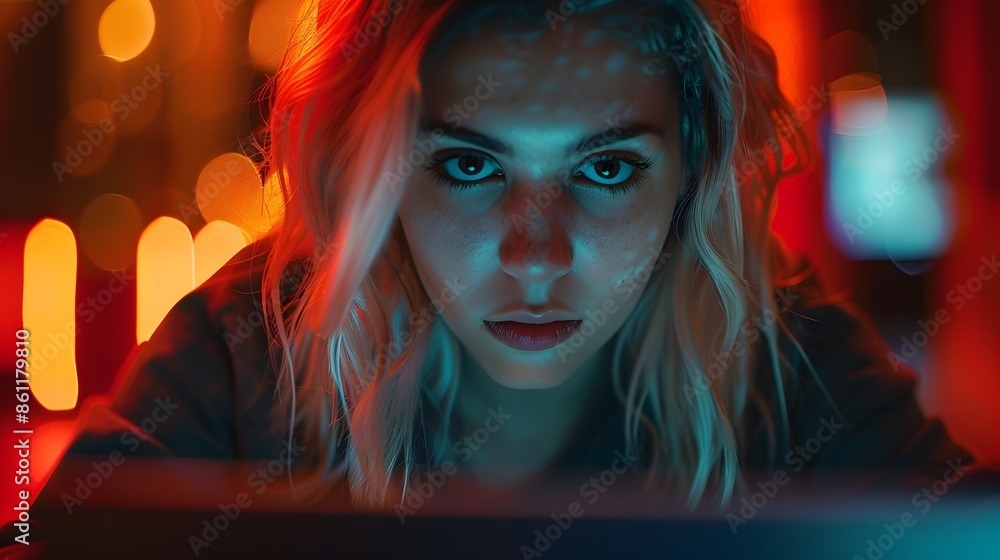 Poster intense and focused female hacker typing on laptop in vibrant dark setting