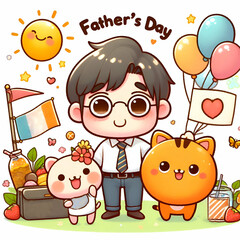 Obraz premium a man with glasses and a cartoon character with a picture of a man and a cat and balloons.