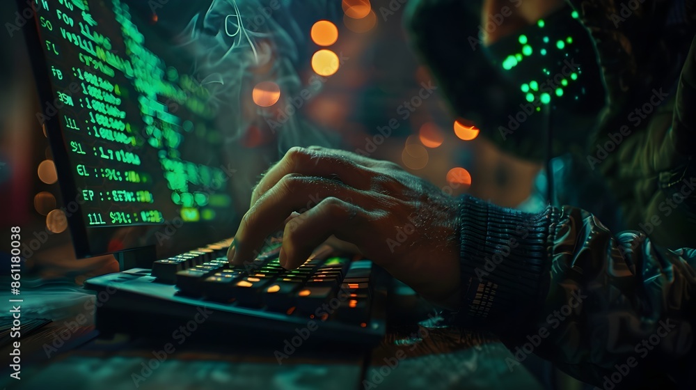 Poster hooded hacker typing on keyboard in intense mysterious digital atmosphere
