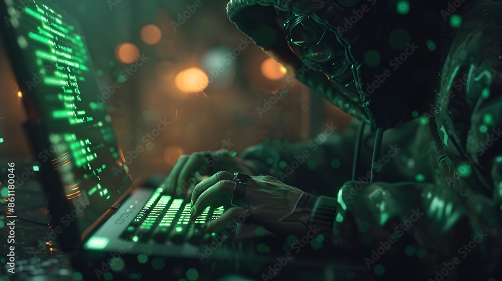 Poster hooded hacker typing on keyboard green code on dark screen intense and mysterious atmosphere hacker 