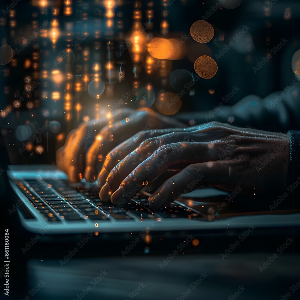 Aufkleber illuminated hacker s hands typing on laptop with glowing screen in detailed cybersecurity concept