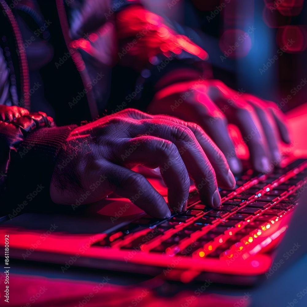 Poster hacker s hands on laptop keyboard illuminated by intense screen light in detailed cybersecurity conc
