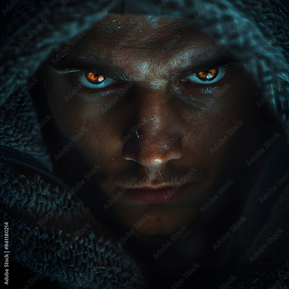 Poster intense gaze of a hooded hacker peering from the shadows