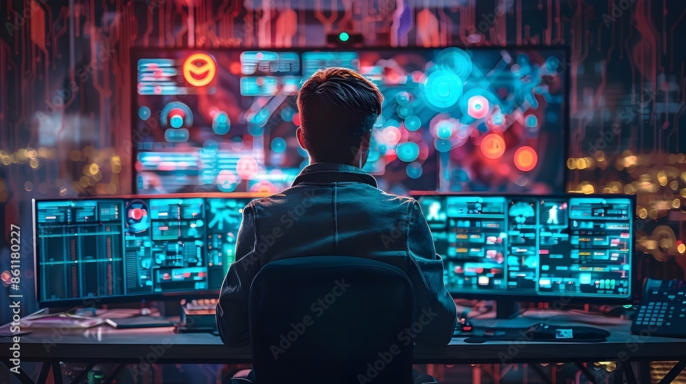 Poster hacker monitoring multiple cybersecurity data breaches on vibrant high tech computer screens