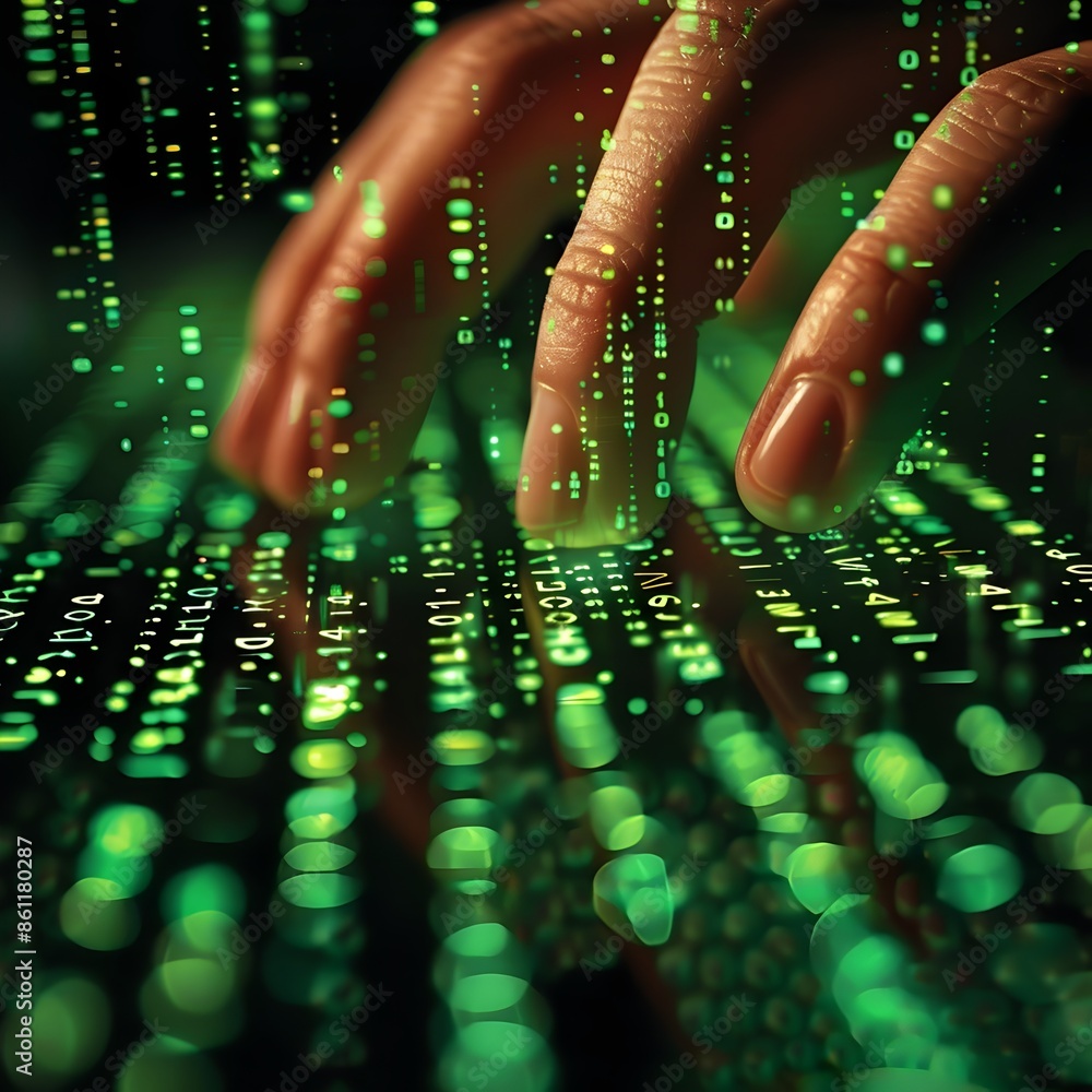 Poster hacker s fingers typing rapidly on keyboard green code reflecting on screen intense digital concept
