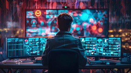 Hacker Monitoring Multiple Cybersecurity Data Breaches on Vibrant High Tech Computer Screens