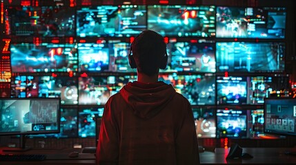 Hacker with Multiple Computer Screens Displaying Data Breaches in Intense High Tech Setting