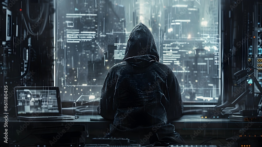 Poster hooded hacker plotting cyber heist in mysterious secret hideout with futuristic cityscape