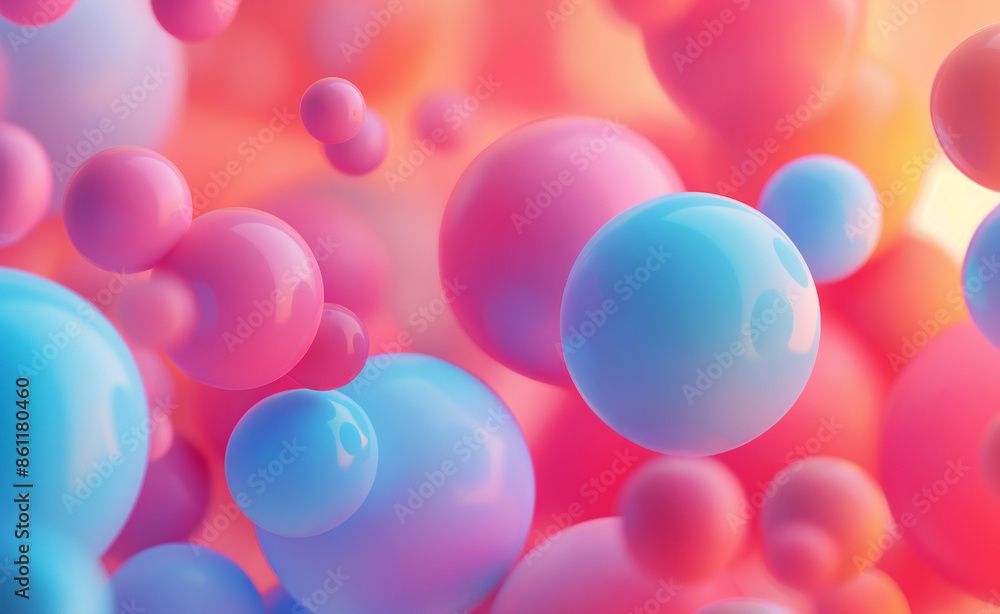 Poster colorful abstract bubbles and shapes with a soft gradient background.
