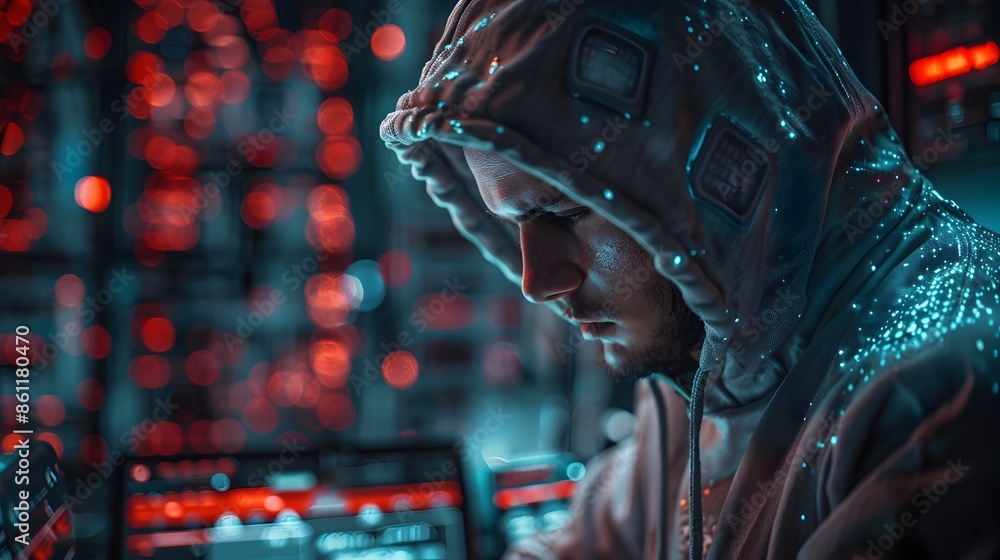 Poster skilled hacker utilizing advanced decryption tools in intense digital setting