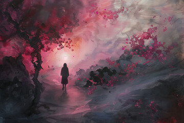 Fototapeta premium Abstract painting of a solitary figure walking through a pink and purple misty landscape, creating a dreamy and emotional scene