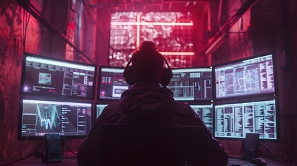 Hacker Orchestrating a Cyber Attack on Multiple Screens with Intense Dynamic Sequences
