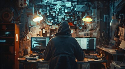 Hacker Planning a Cyber Heist in a Mysterious Dark Hideout with Digital Devices and Technology