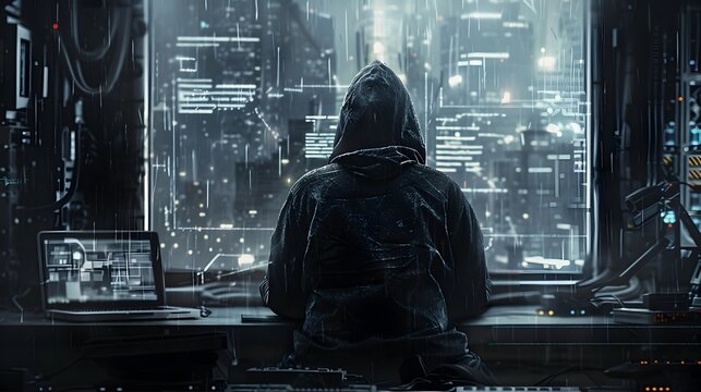 Hooded Hacker Plotting Cyber Heist in Mysterious Secret Hideout with Futuristic Cityscape