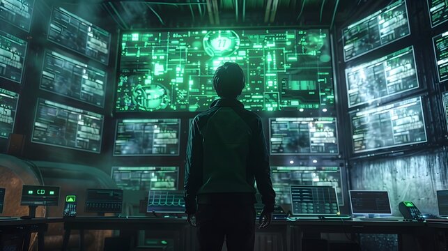 Hacker Deploying Cyber Attack on Multiple Screens with Intense Animated Sequences