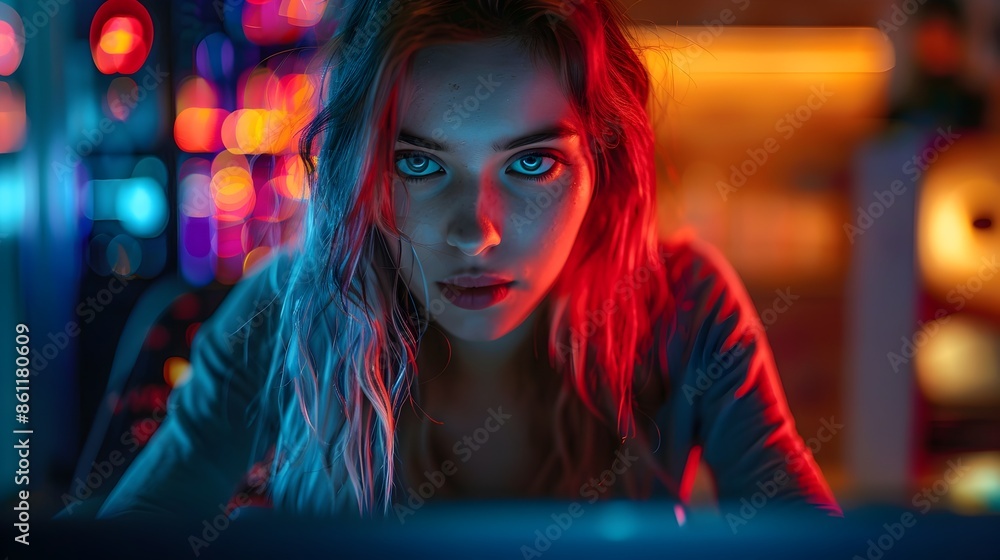 Aufkleber determined female hacker infiltrating secure network with intense vibrant lights