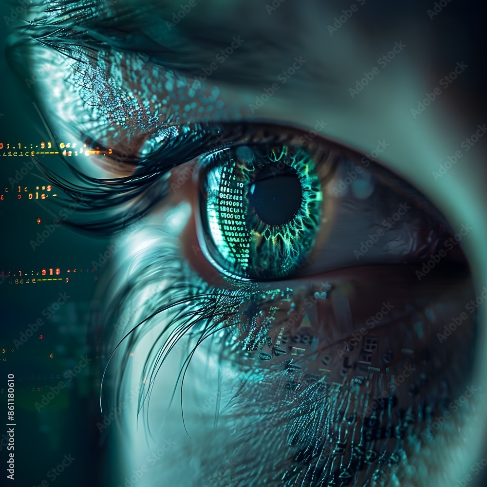 Poster intense hacker s eye reflecting complex code in dramatic closeup