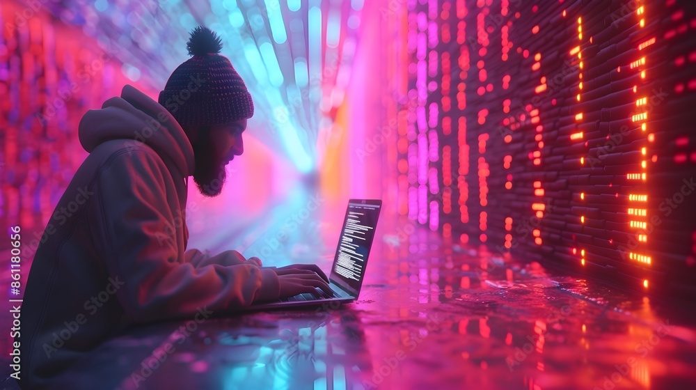 Poster hacker in neon lit workspace encrypting sensitive data on laptop futuristic cybersecurity concept