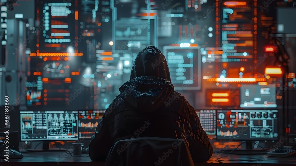 Poster hacker surrounded by digital blueprints and codes plotting cyber attack in futuristic city skyline