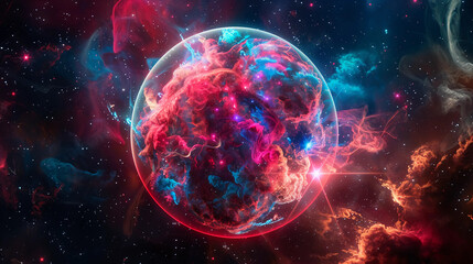 3D Spectacular cosmic cloud explosion within transparent sphere with red background. Nebula and stars in space concept with purple neon. Abstract wallpaper and creative design, AI Generative.
