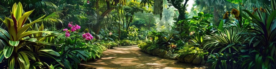 Botanical Gardens Panorama with Colourful Orchids and Tropical Flowers