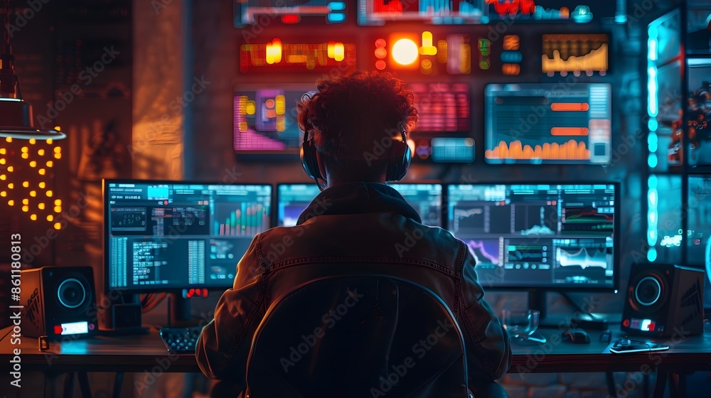 Poster hacker working in a dark room with vibrant neon lights and multiple data filled screens