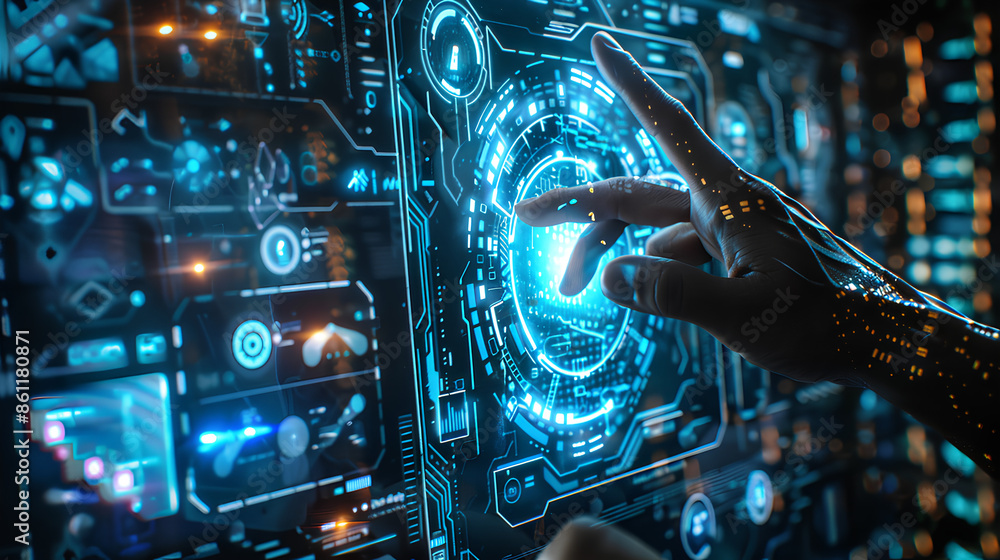 Poster hand touch digital hud interface futuristic technology background of virtual computer screen display