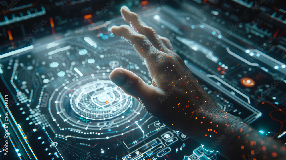 Poster hand touch digital hud interface futuristic technology background of virtual computer screen display