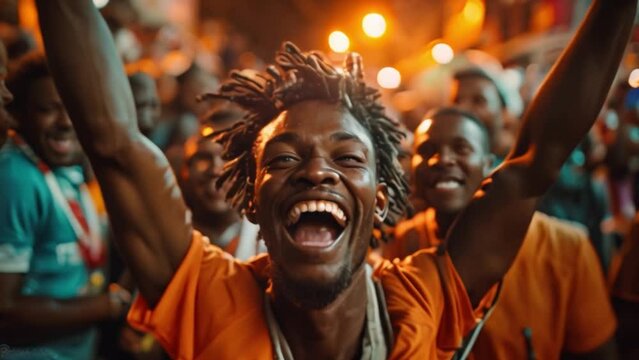 A cheering football fan The world cup unifies football players in their passion of the beautiful game and captivates spectators with its exciting matches and memorable moments.