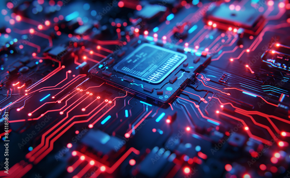 Aufkleber close-up of a microchip on a circuit board with glowing red and blue lights.