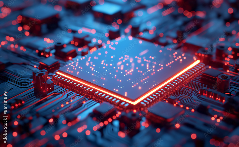 Aufkleber close-up of a microchip on a circuit board with glowing red and blue lights.