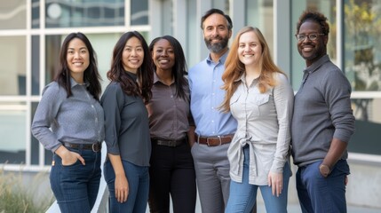 Fototapeta premium Portrait of successful group of business people at modern office looking at camera. Portrait of happy businessmen and satisfied businesswomen standing as a team. Multiethnic group of people smiling.