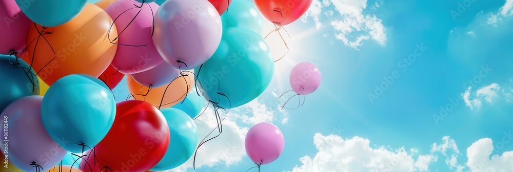 Poster colorful balloons of various sizes and colors, some with congratulatory messages and symbols, float 