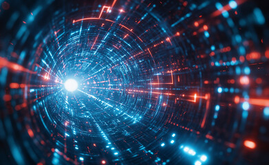 Obraz premium Futuristic tunnel with glowing lights and digital effects.