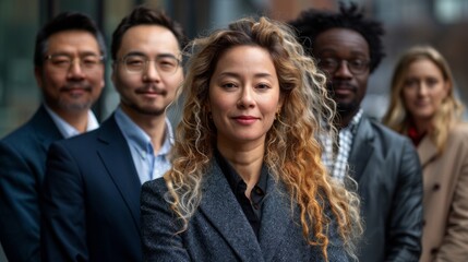 Portrait of successful group of business people at modern office looking at camera. Portrait of happy businessmen and satisfied businesswomen standing as a team. Multiethnic group of people smiling.